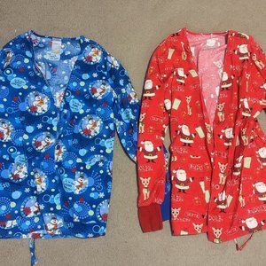 Christmas Rudolph and frosty ladies longsleeve button up scrub tops